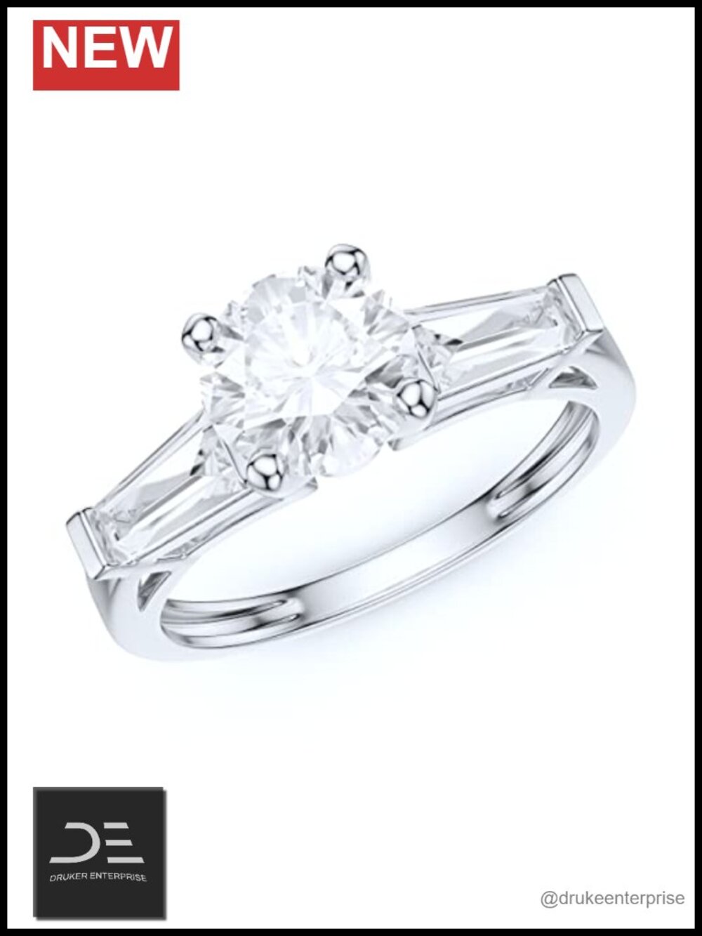10K White Gold Engagement Ring 1CT Simulated Diamond Baguette side Stones Fine